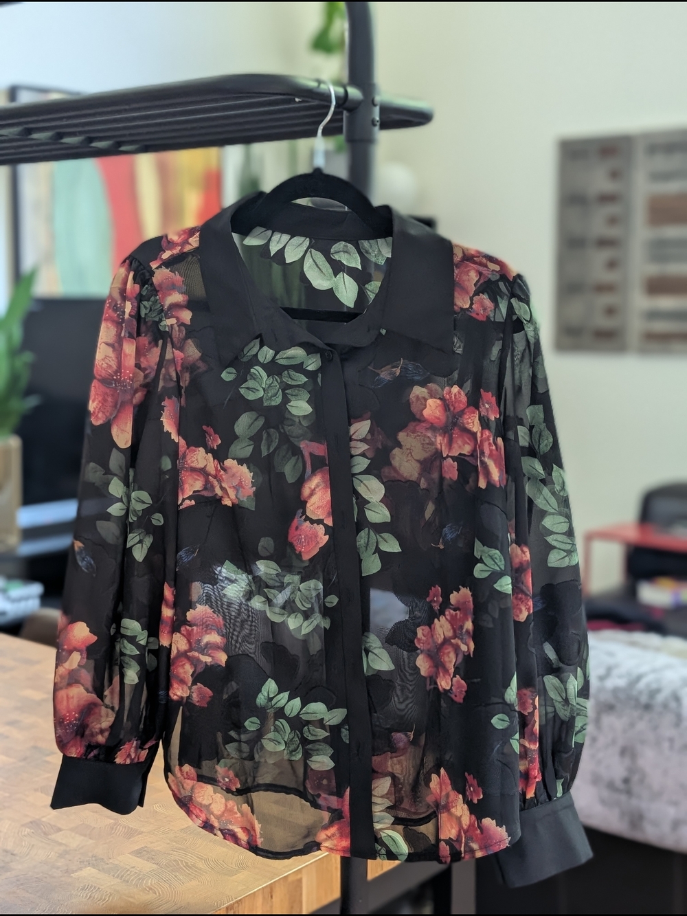 Floral Sheer Button-Front Blouse - Black/Green